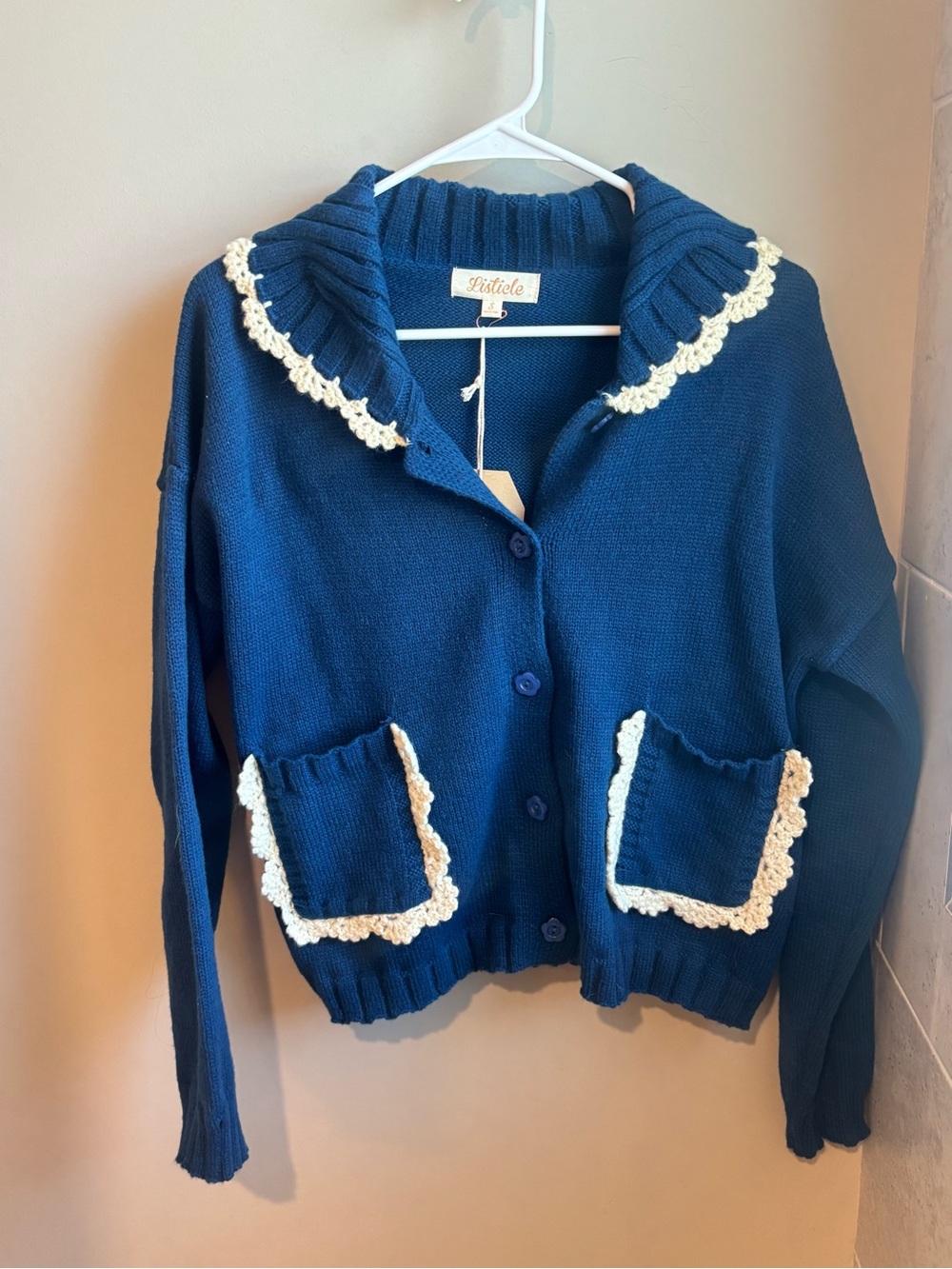 Listicle Blue Cardigan with Cream Crochet Trim